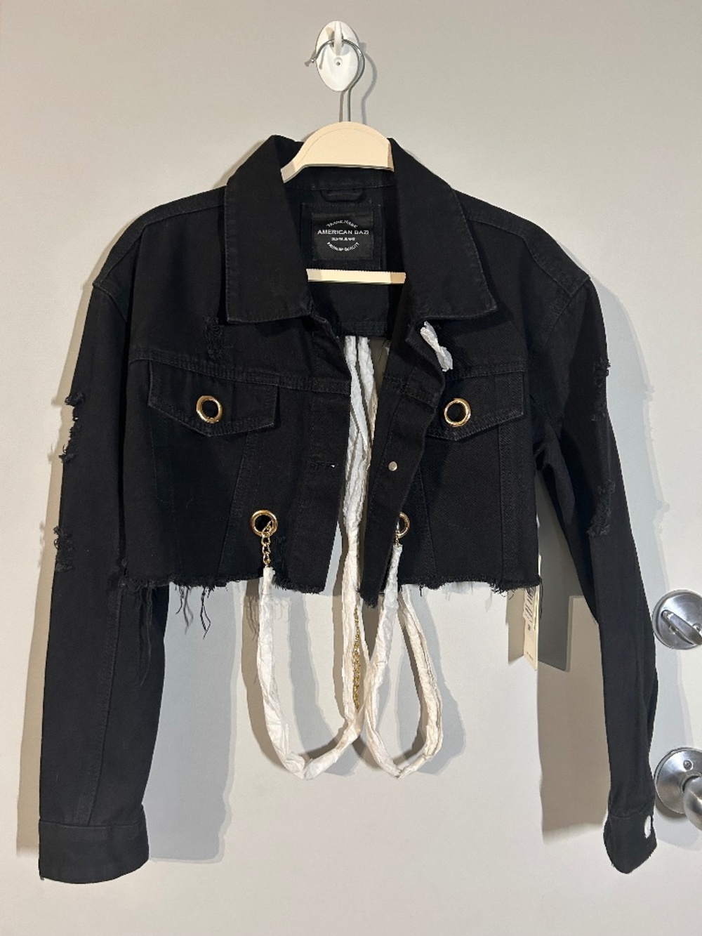 Black distressed ripped cropped denim jacket chain embellishments punk, alt